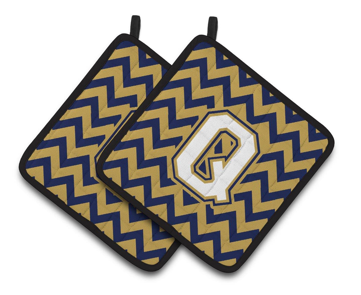 Letter Q Chevron Navy Blue and Gold Pair of Pot Holders CJ1057-QPTHD - the-store.com