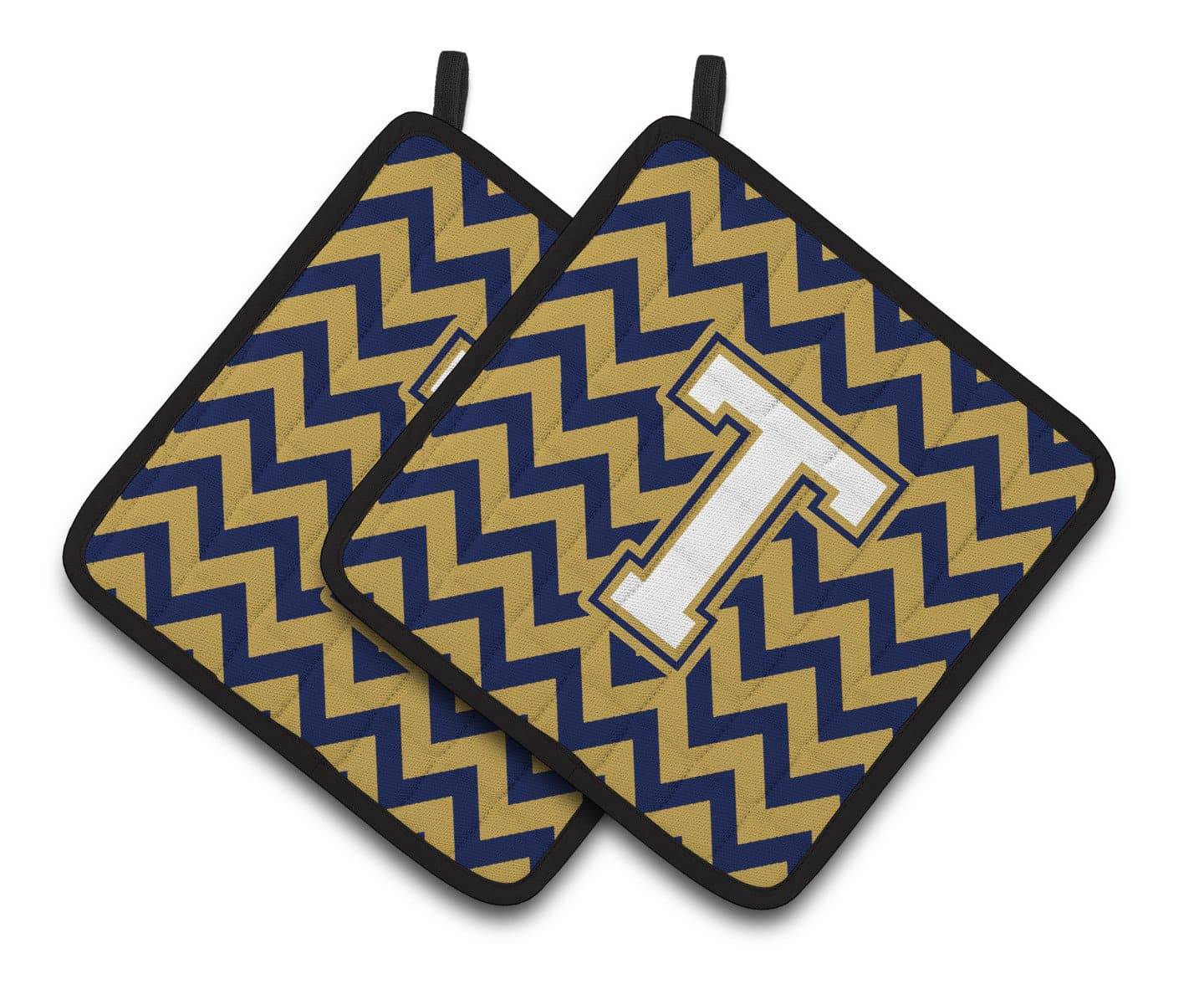 Letter T Chevron Navy Blue and Gold Pair of Pot Holders CJ1057-TPTHD - the-store.com