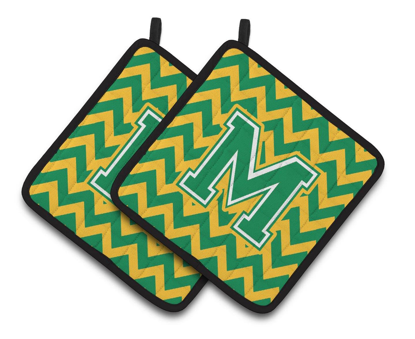 Letter M Chevron Green and Gold Pair of Pot Holders CJ1059-MPTHD - the-store.com