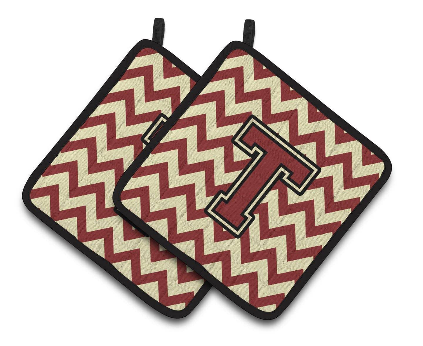 Letter T Chevron Maroon and Gold Pair of Pot Holders CJ1061-TPTHD - the-store.com