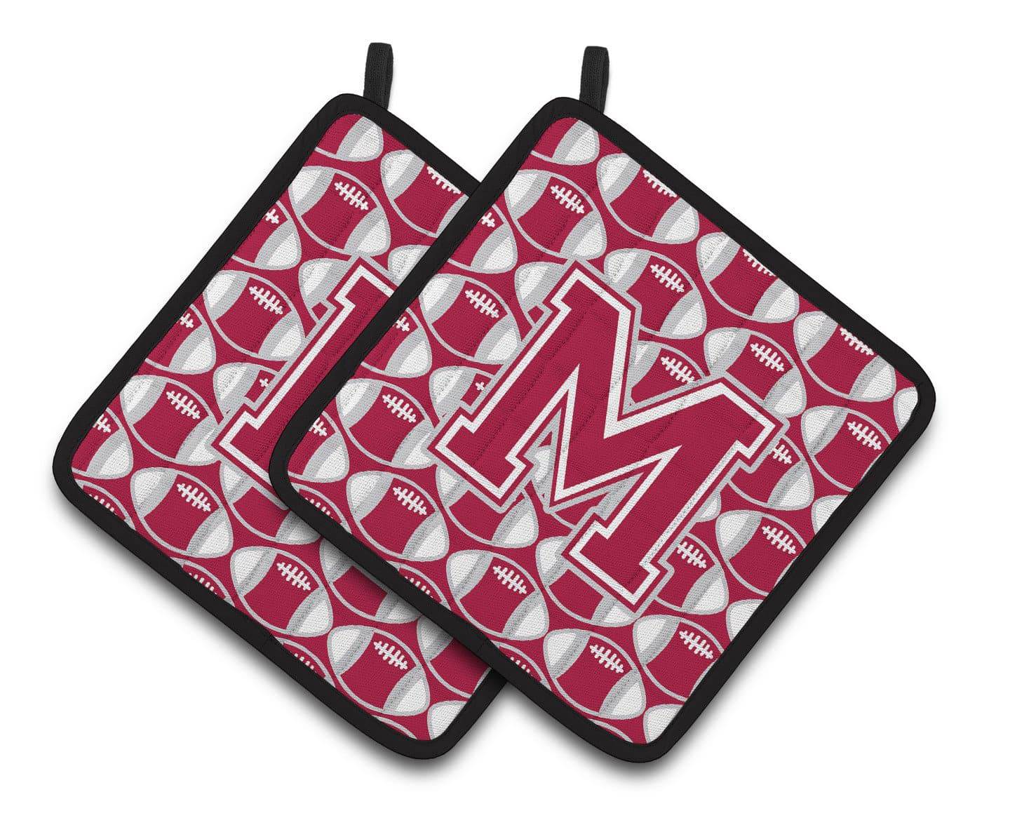 "Letter M Football Crimson, grey and white Pair of Pot Holders CJ1065-MPTHD" - the-store.com