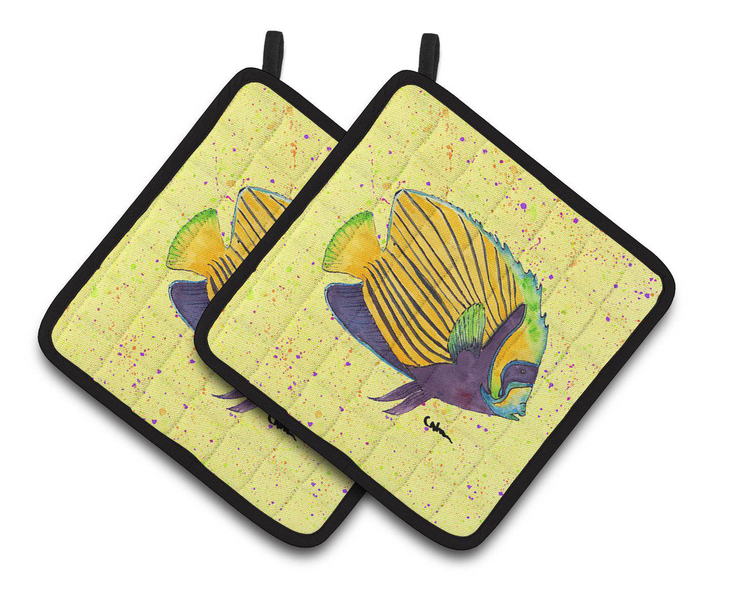 Yellow Fish on Yellow Pair of Pot Holders 8528PTHD - the-store.com