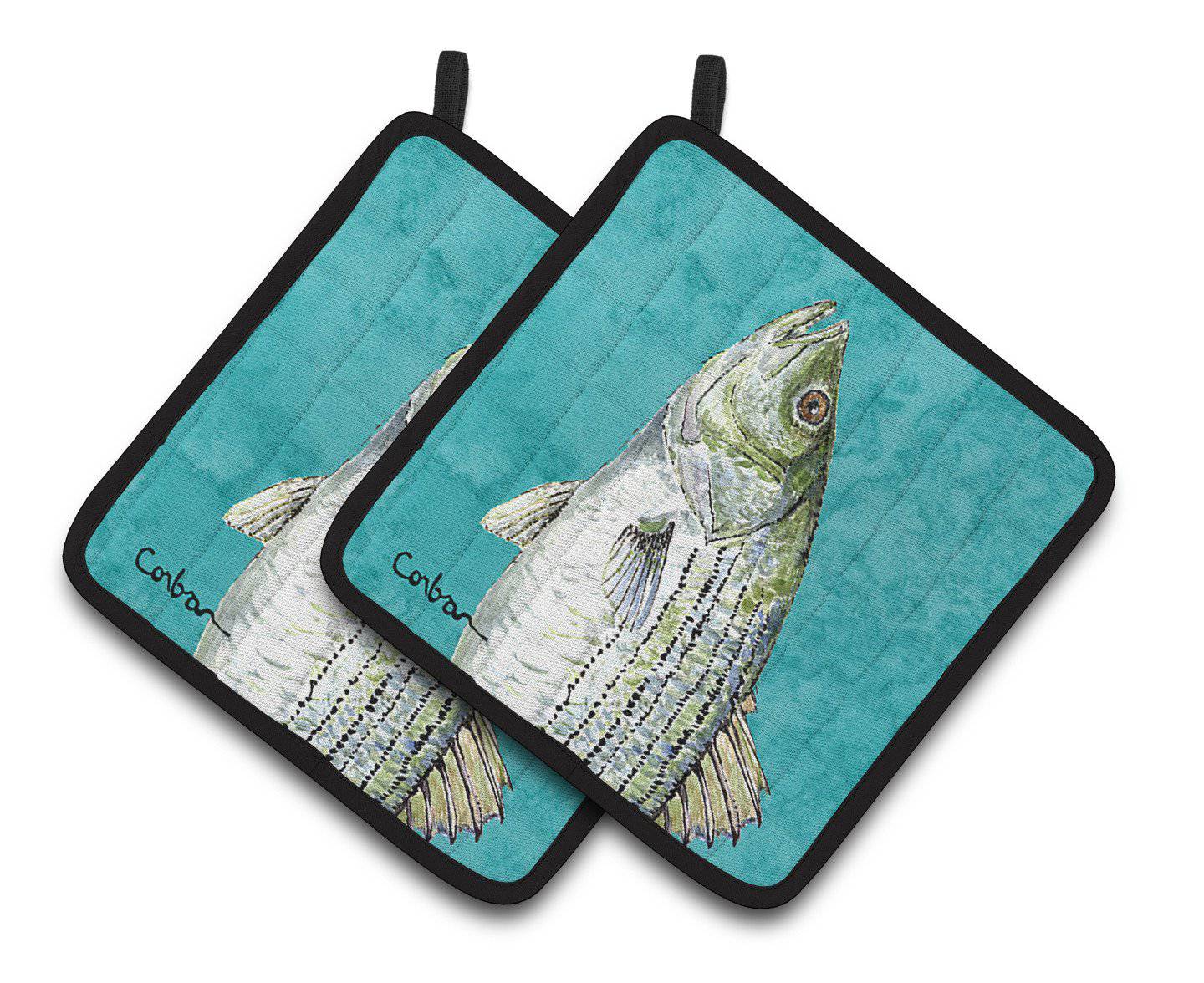Striped Bass Fish Pair of Pot Holders 8720PTHD - the-store.com