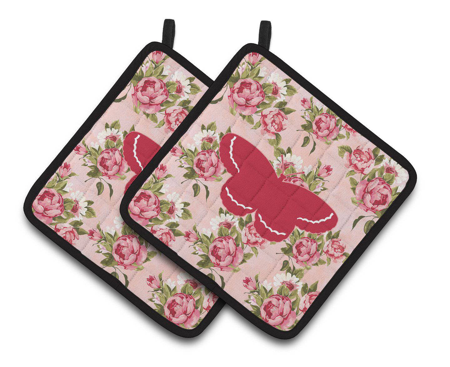 Butterfly Shabby Chic Pink Roses  Pair of Pot Holders BB1040-RS-PK-PTHD - the-store.com