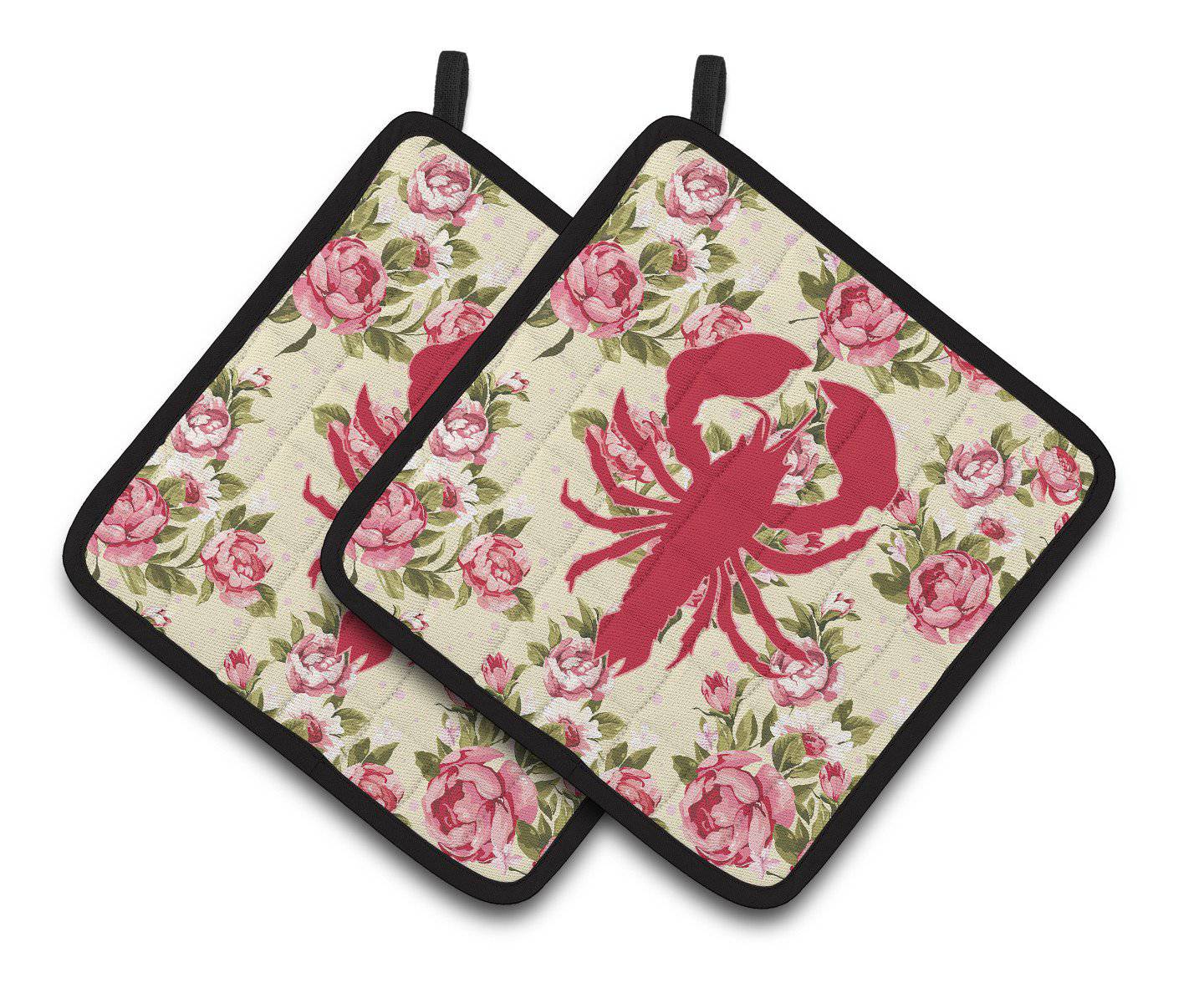 Lobster Shabby Chic Yellow Roses  Pair of Pot Holders BB1015-RS-YW-PTHD - the-store.com