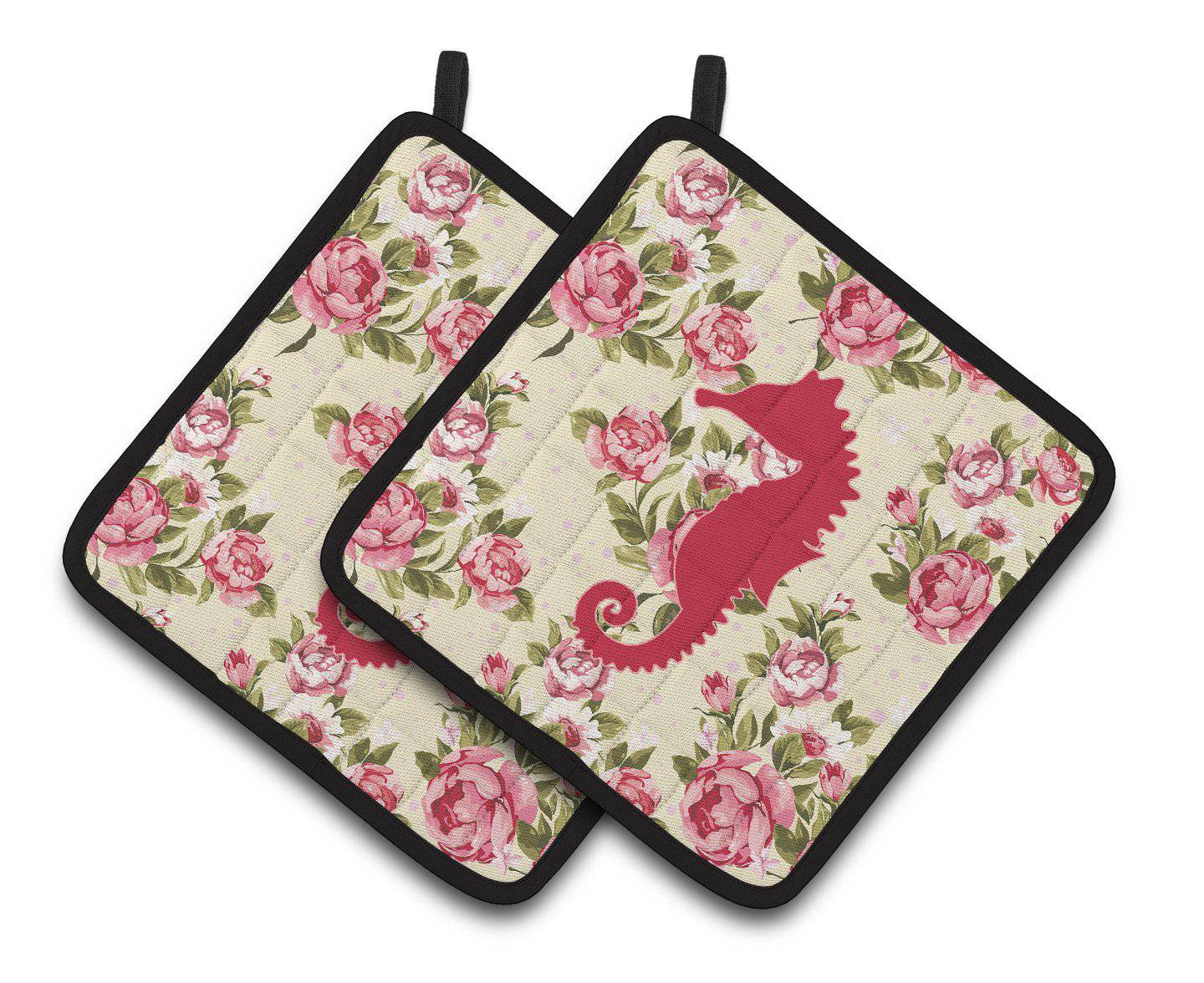 Sea Horse Shabby Chic Yellow Roses  Pair of Pot Holders BB1018-RS-YW-PTHD - the-store.com