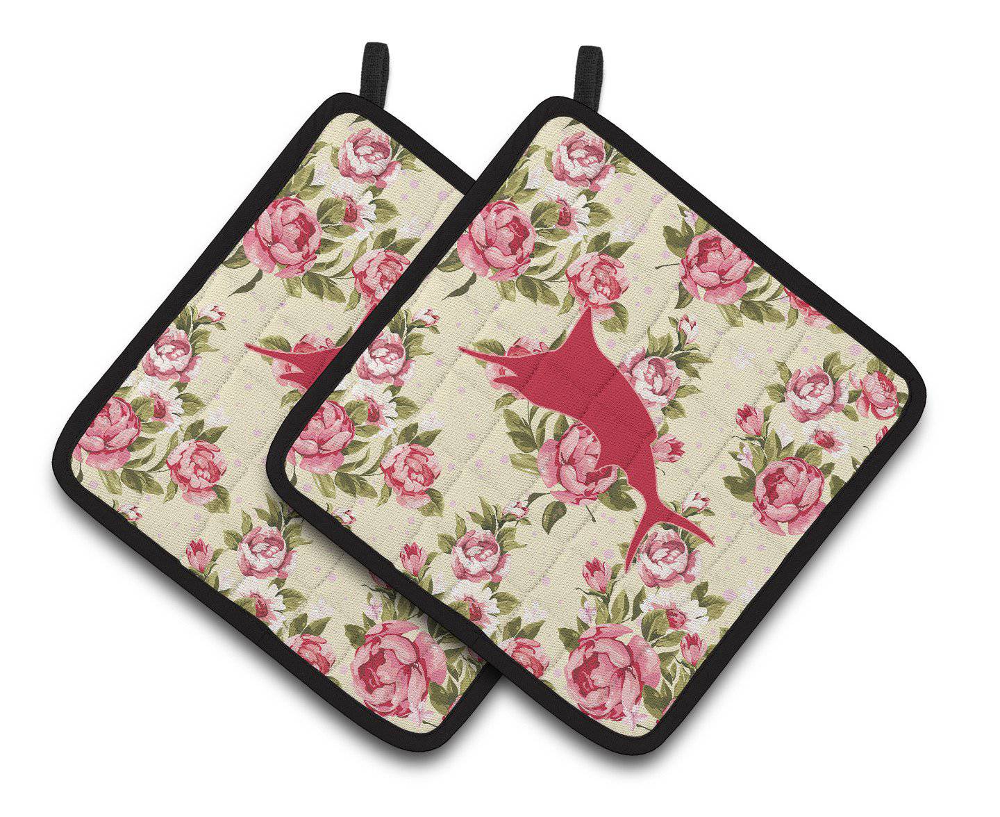 Fish - Marlin Shabby Chic Yellow Roses  Pair of Pot Holders BB1026-RS-YW-PTHD - the-store.com