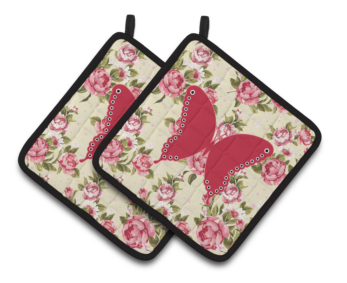 Butterfly Shabby Chic Yellow Roses  Pair of Pot Holders BB1036-RS-YW-PTHD - the-store.com