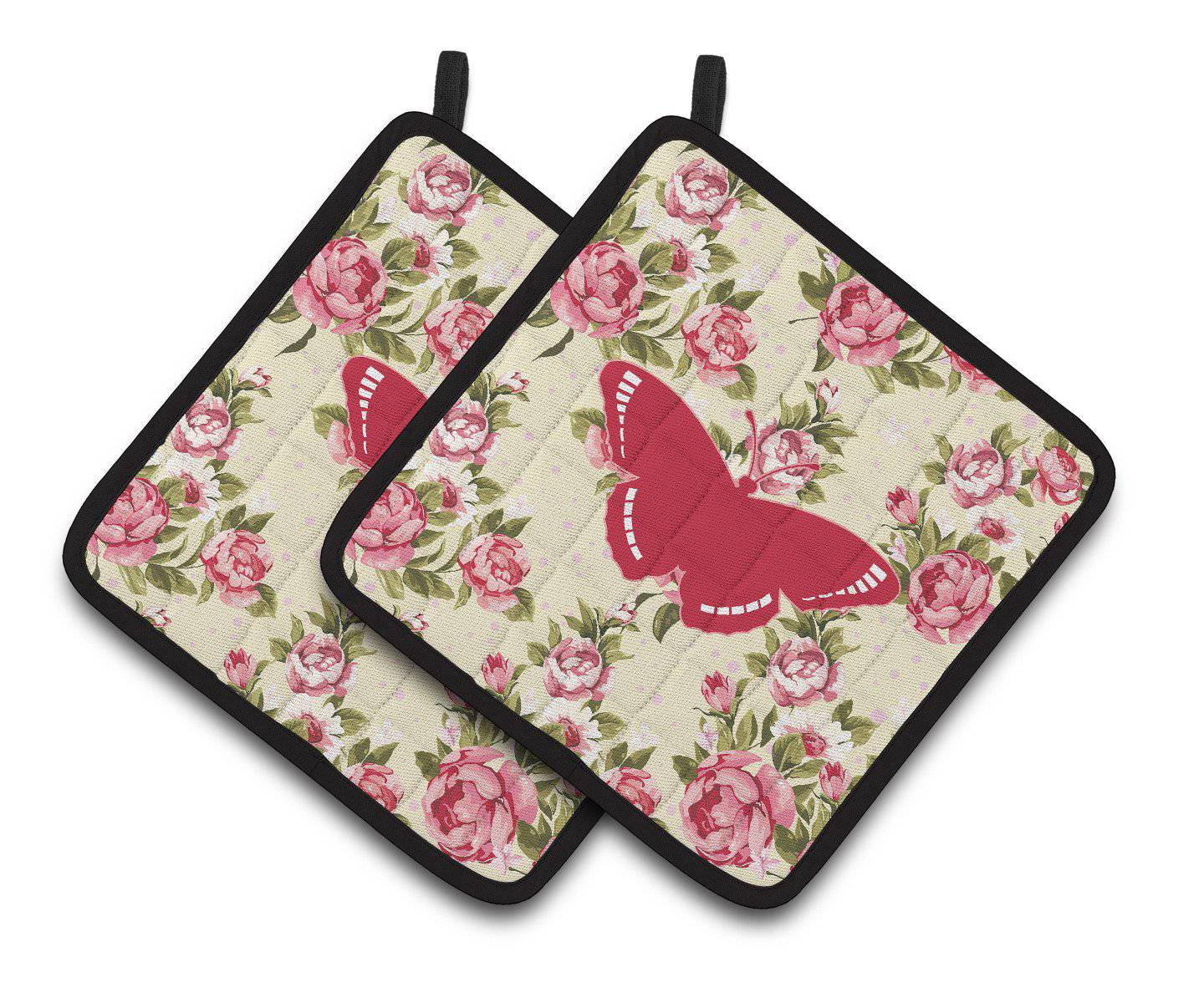 Butterfly Shabby Chic Yellow Roses  Pair of Pot Holders BB1038-RS-YW-PTHD - the-store.com