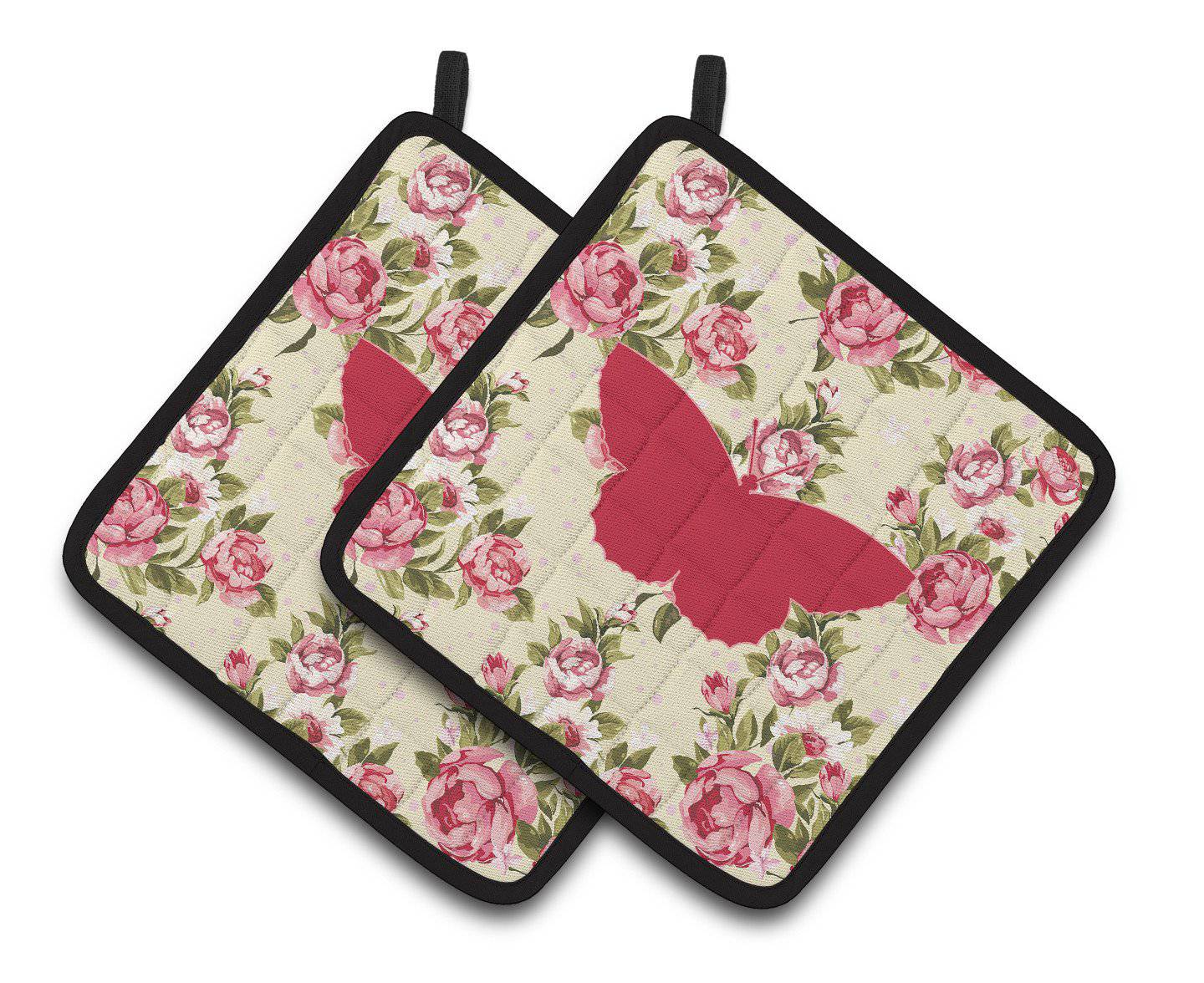 Butterfly Shabby Chic Yellow Roses  Pair of Pot Holders BB1041-RS-YW-PTHD - the-store.com