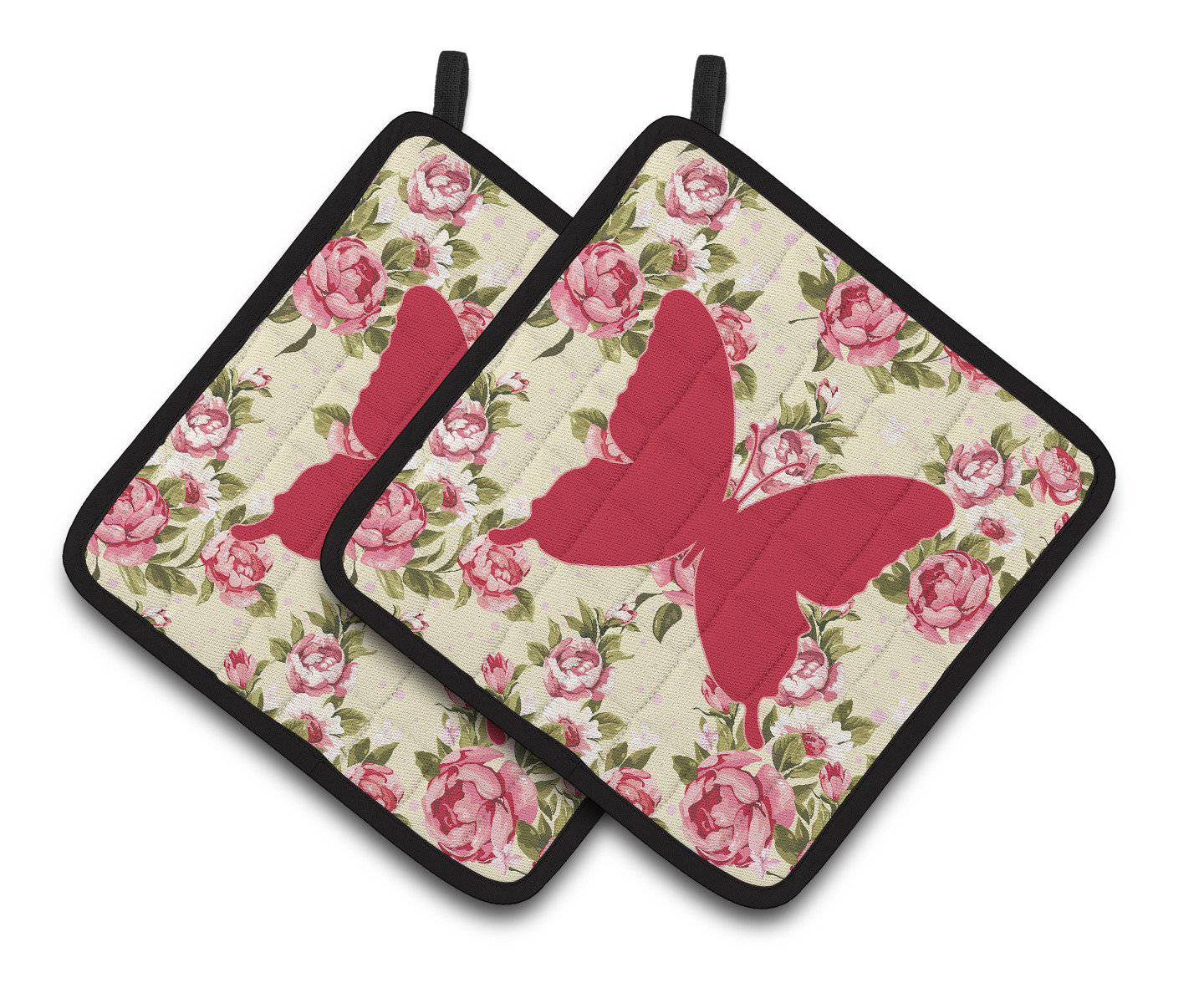Butterfly Shabby Chic Yellow Roses  Pair of Pot Holders BB1046-RS-YW-PTHD - the-store.com