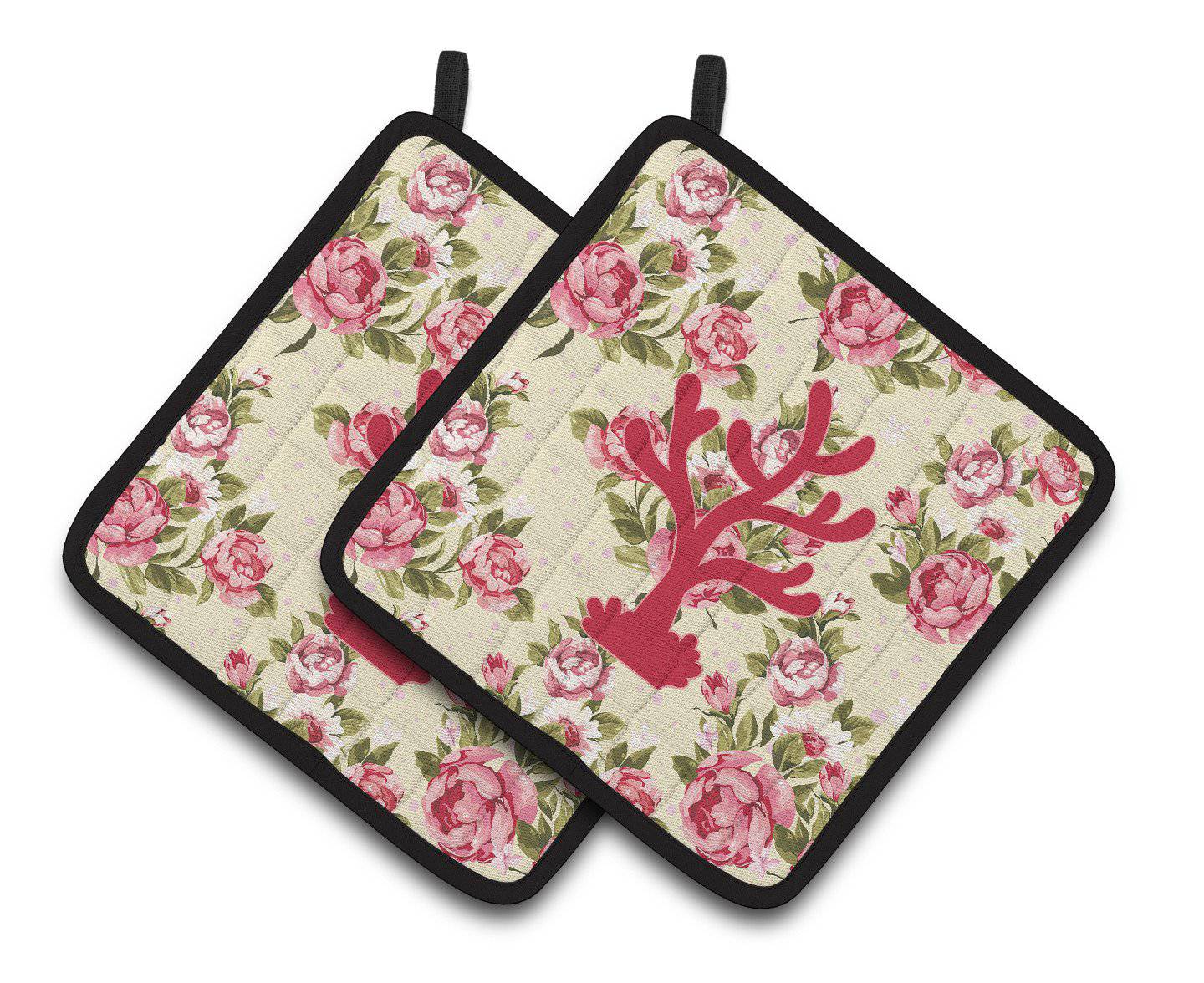 Coral Shabby Chic Yellow Roses  Pair of Pot Holders BB1101-RS-YW-PTHD - the-store.com