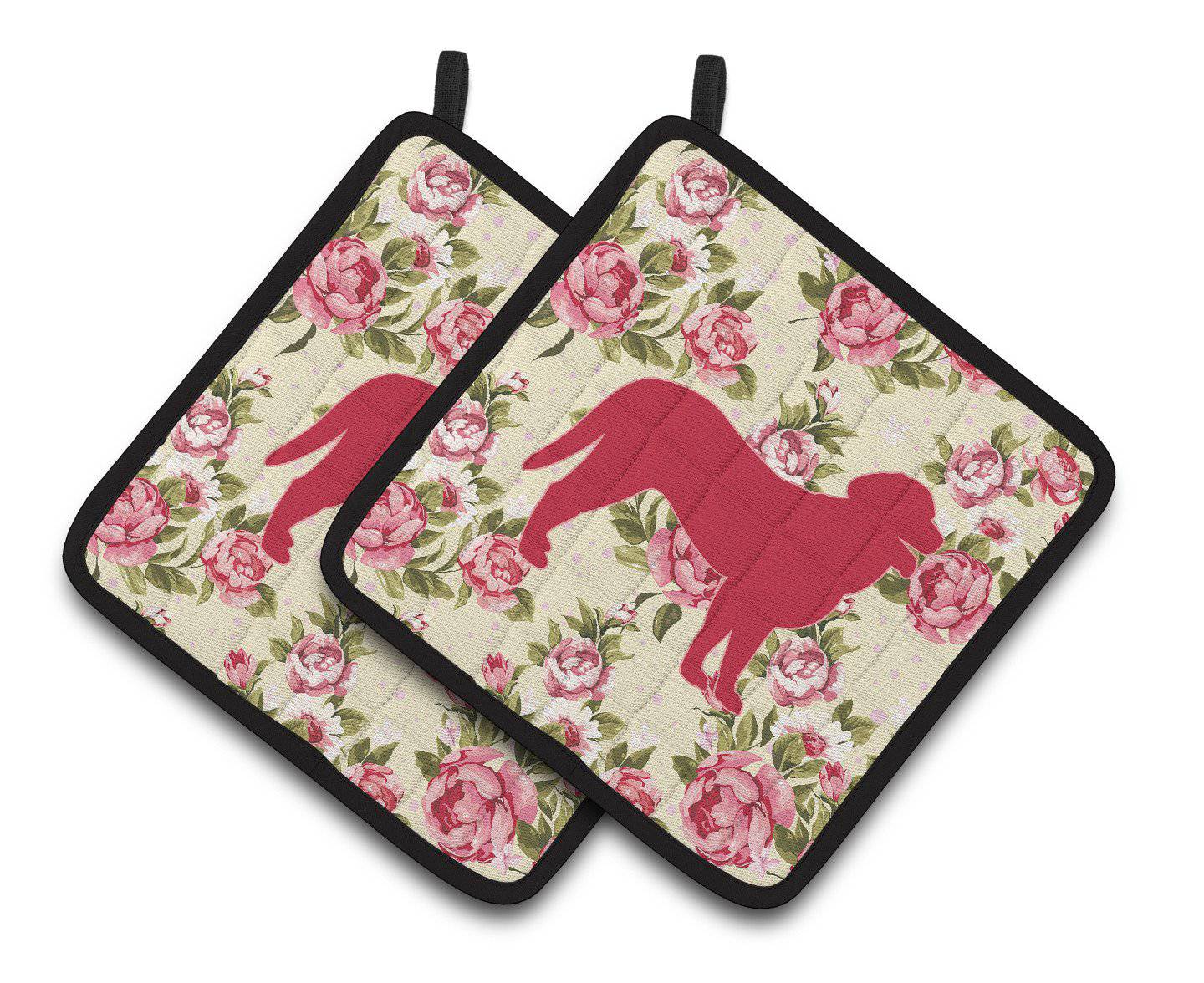 Curly Coated Retriever Shabby Chic Yellow Roses  Pair of Pot Holders BB1074-RS-YW-PTHD - the-store.com