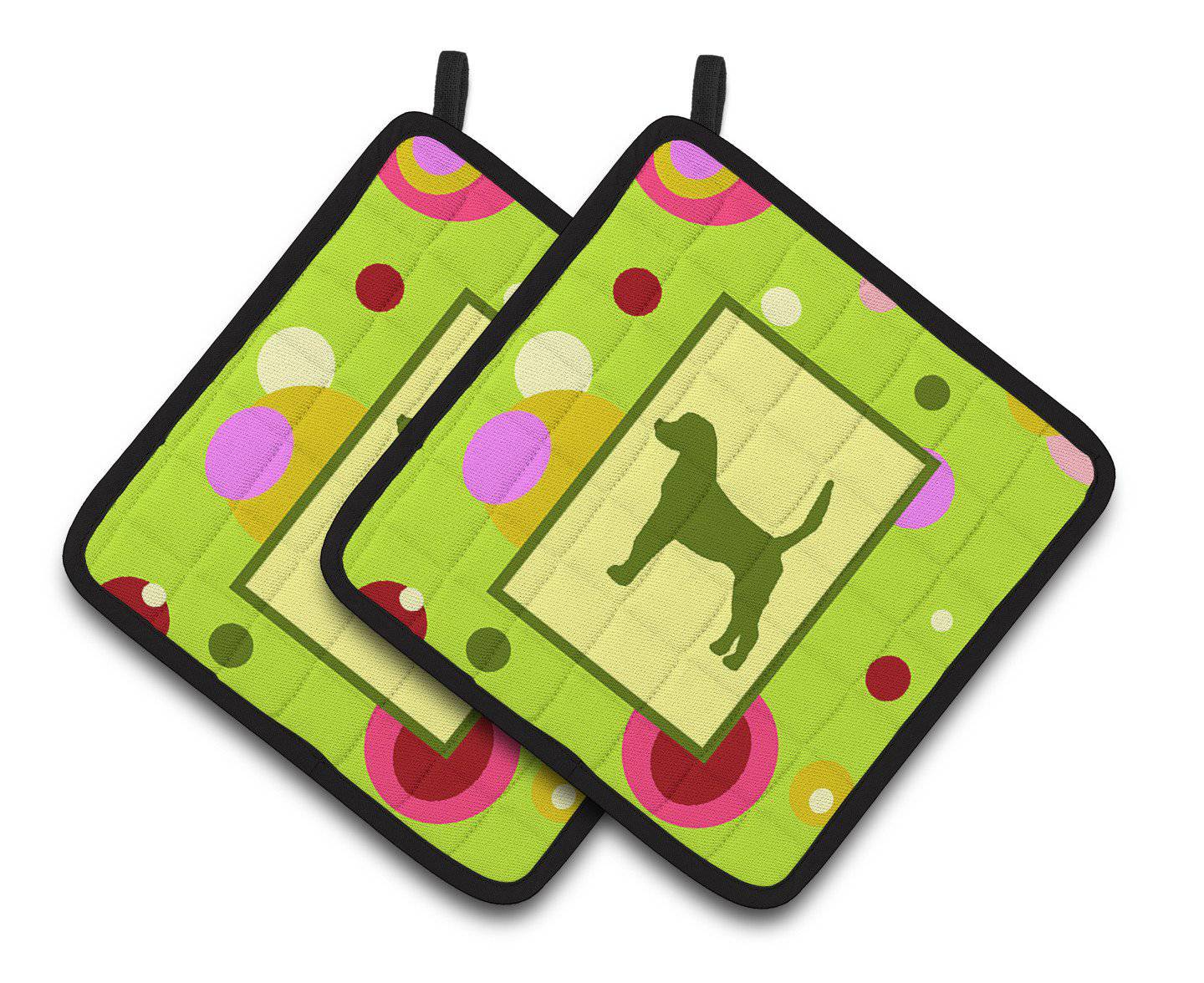 Lime Green Dots English Foxhound Pair of Pot Holders CK1027PTHD - the-store.com