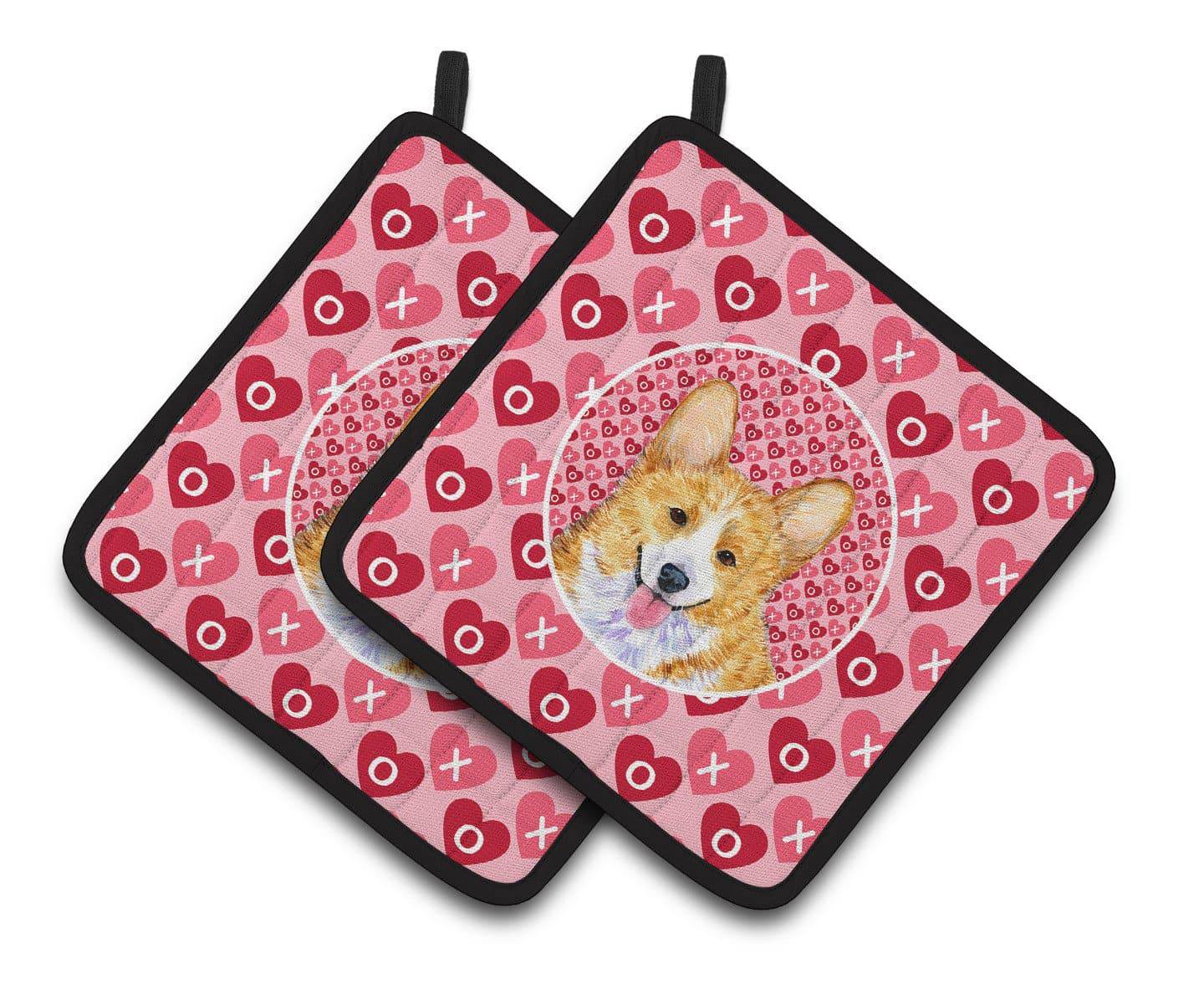 Corgi Hearts Love and Valentine's Day Portrait Pair of Pot Holders SS4486PTHD - the-store.com