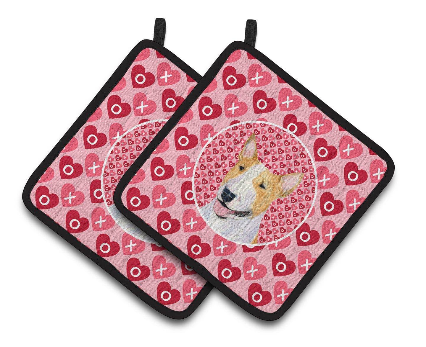 Bull Terrier Hearts Love and Valentine's Day Portrait Pair of Pot Holders SS4496PTHD - the-store.com