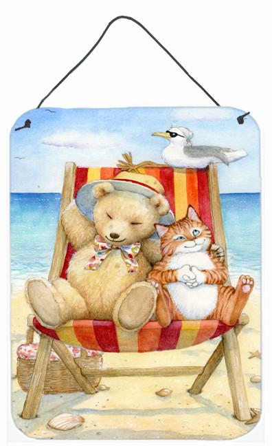 Summer Teddy Bear and Cat on Beach Wall or Door Hanging Prints CDCO0336DS1216 by Caroline's Treasures