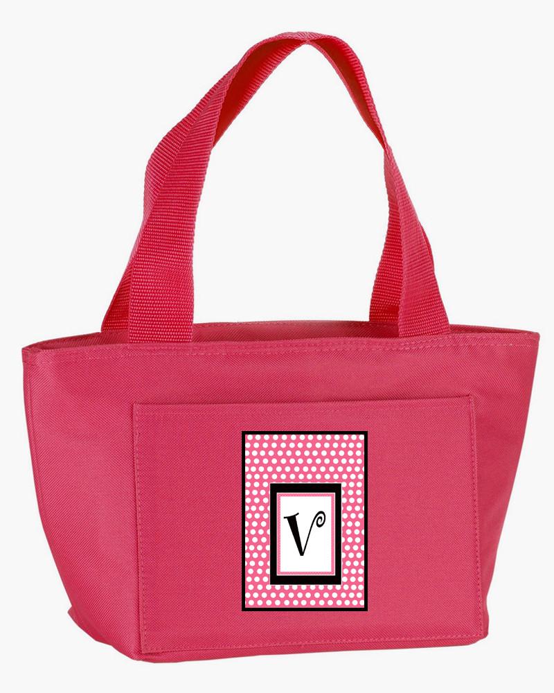 Letter V Monogram - Pink Black Polka Dots Lunch Bag or Doggie Bag by Caroline's Treasures