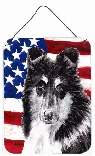 Black and White Collie with American Flag USA Wall or Door Hanging Prints SC9630DS1216 by Caroline's Treasures