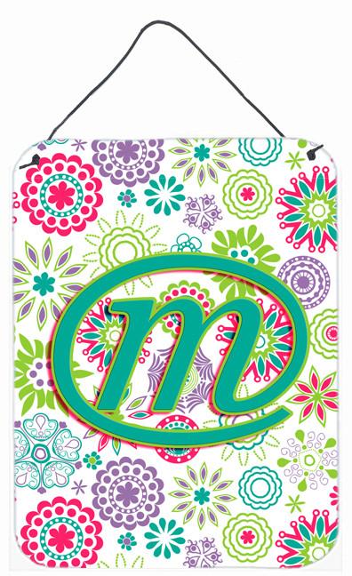 Letter M Flowers Pink Teal Green Initial Wall or Door Hanging Prints CJ2011-MDS1216 by Caroline's Treasures