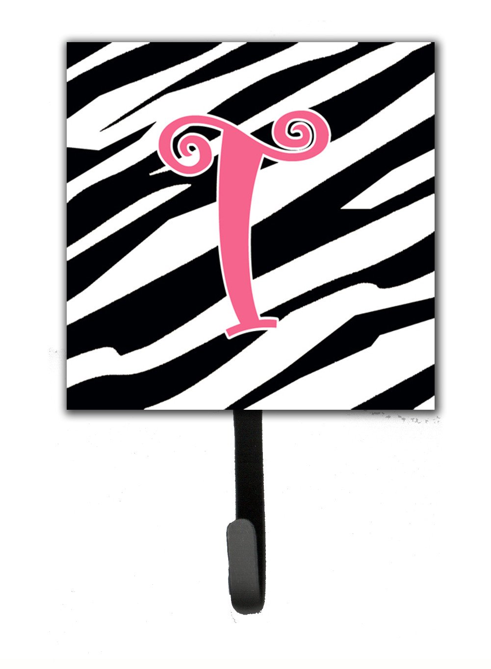 Letter T Initial Monogram - Zebra Stripe and Pink Leash Holder or Key Hook by Caroline's Treasures
