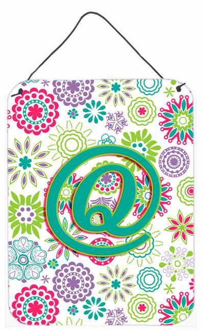 Letter Q Flowers Pink Teal Green Initial Wall or Door Hanging Prints CJ2011-QDS1216 by Caroline's Treasures