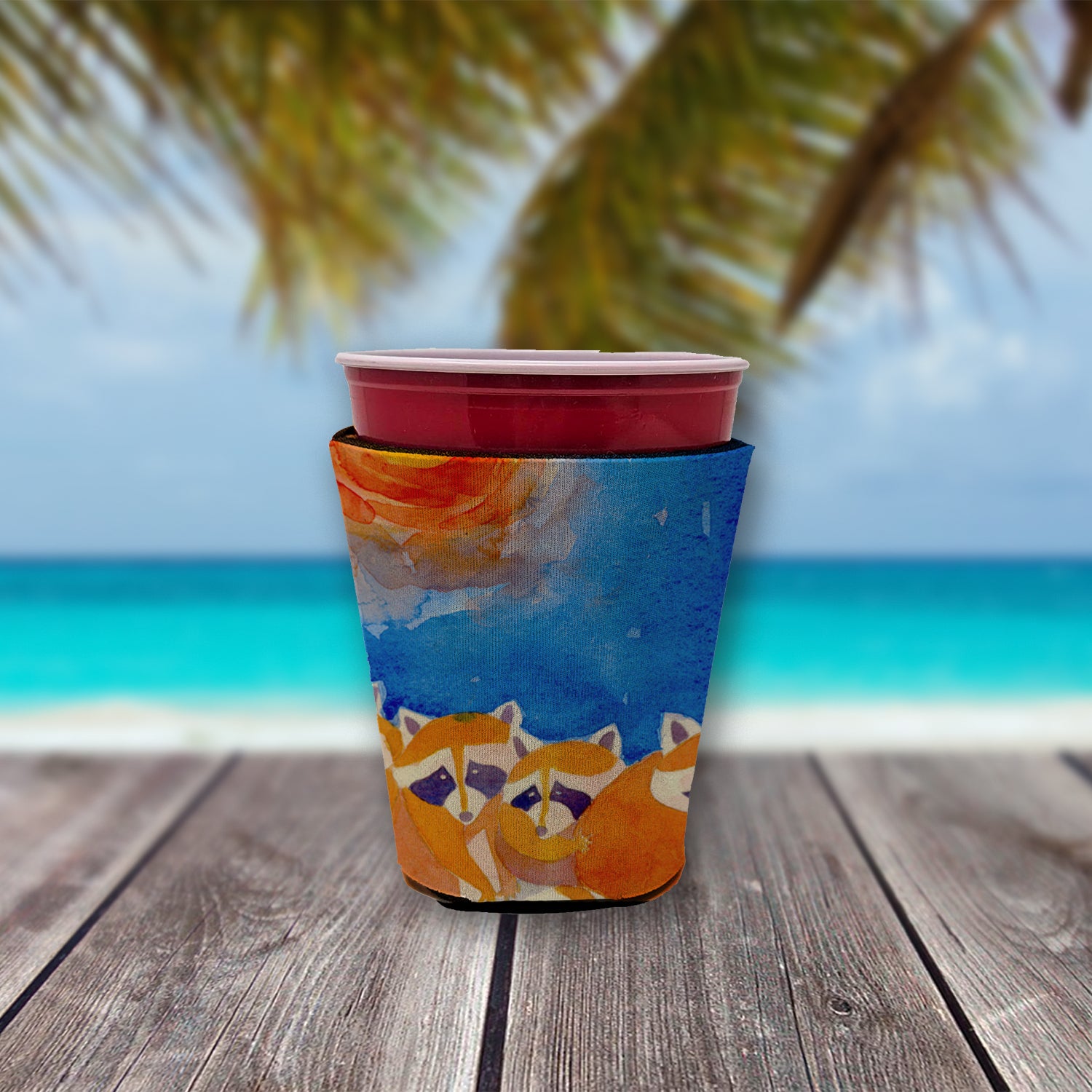 Raccoons on the porch  Red Cup Beverage Insulator Hugger