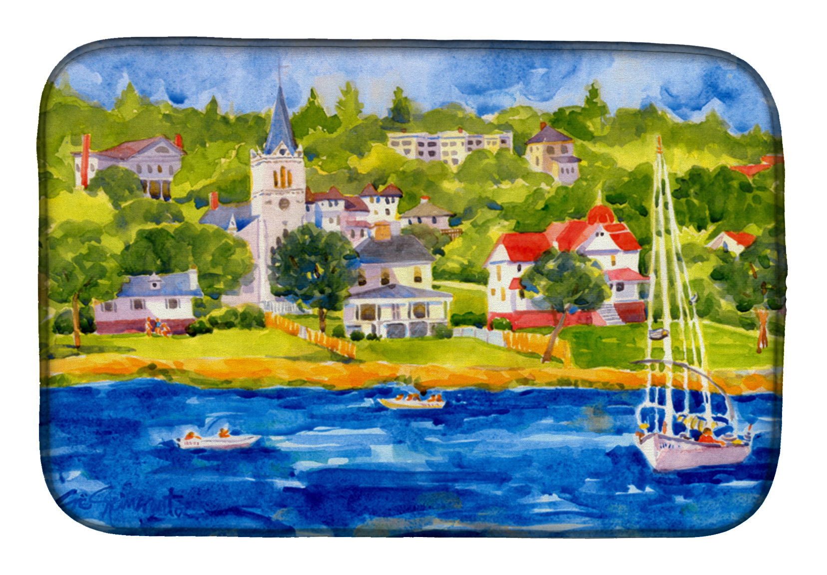 Harbour Scene with Sailboat Dish Drying Mat 6031DDM