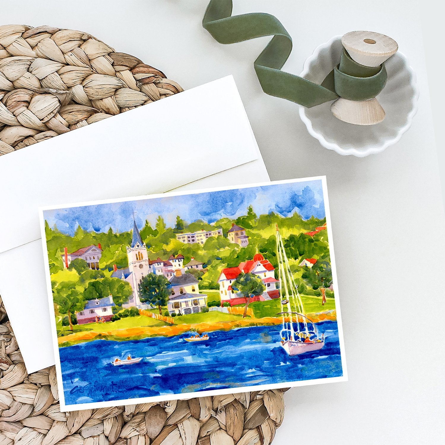 Buy this Harbour Scene with Sailboat Greeting Cards and Envelopes Pack of 8