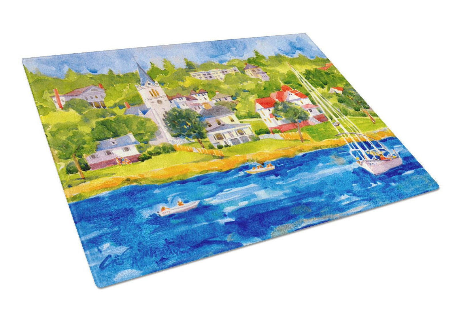 Harbour Scene with Sailboat  Glass Cutting Board Large by Caroline's Treasures
