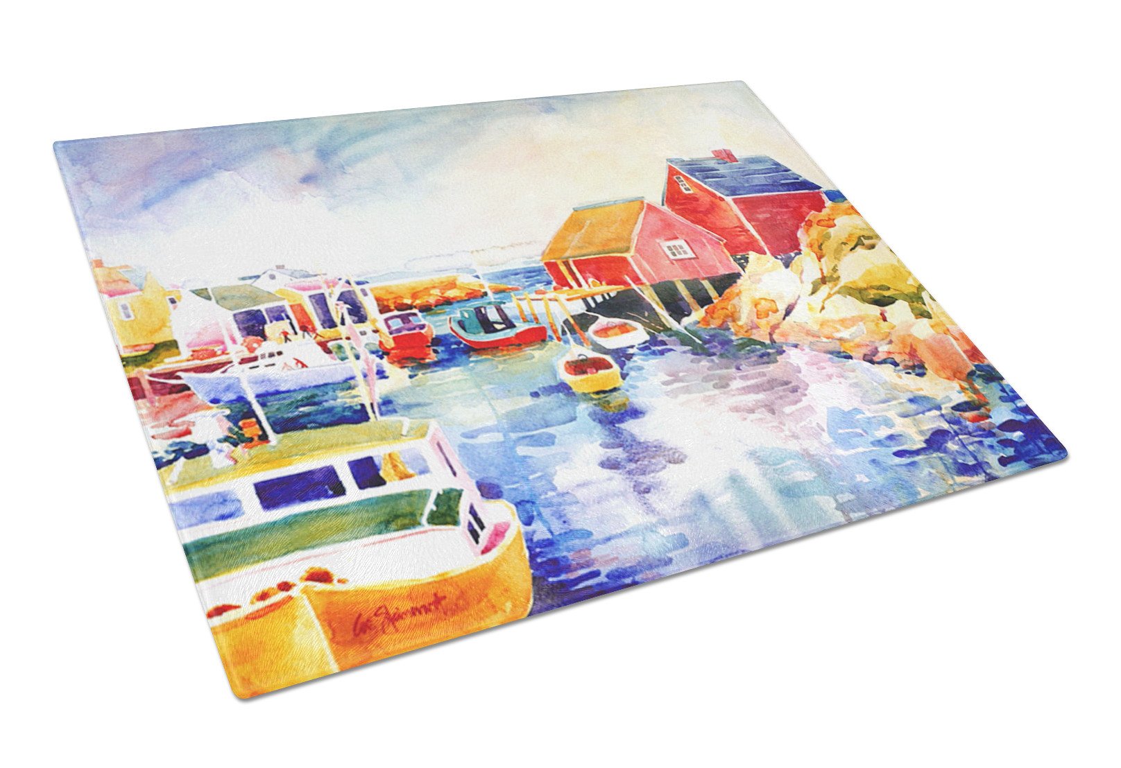Boats at Harbour with a view Glass Cutting Board Large by Caroline's Treasures