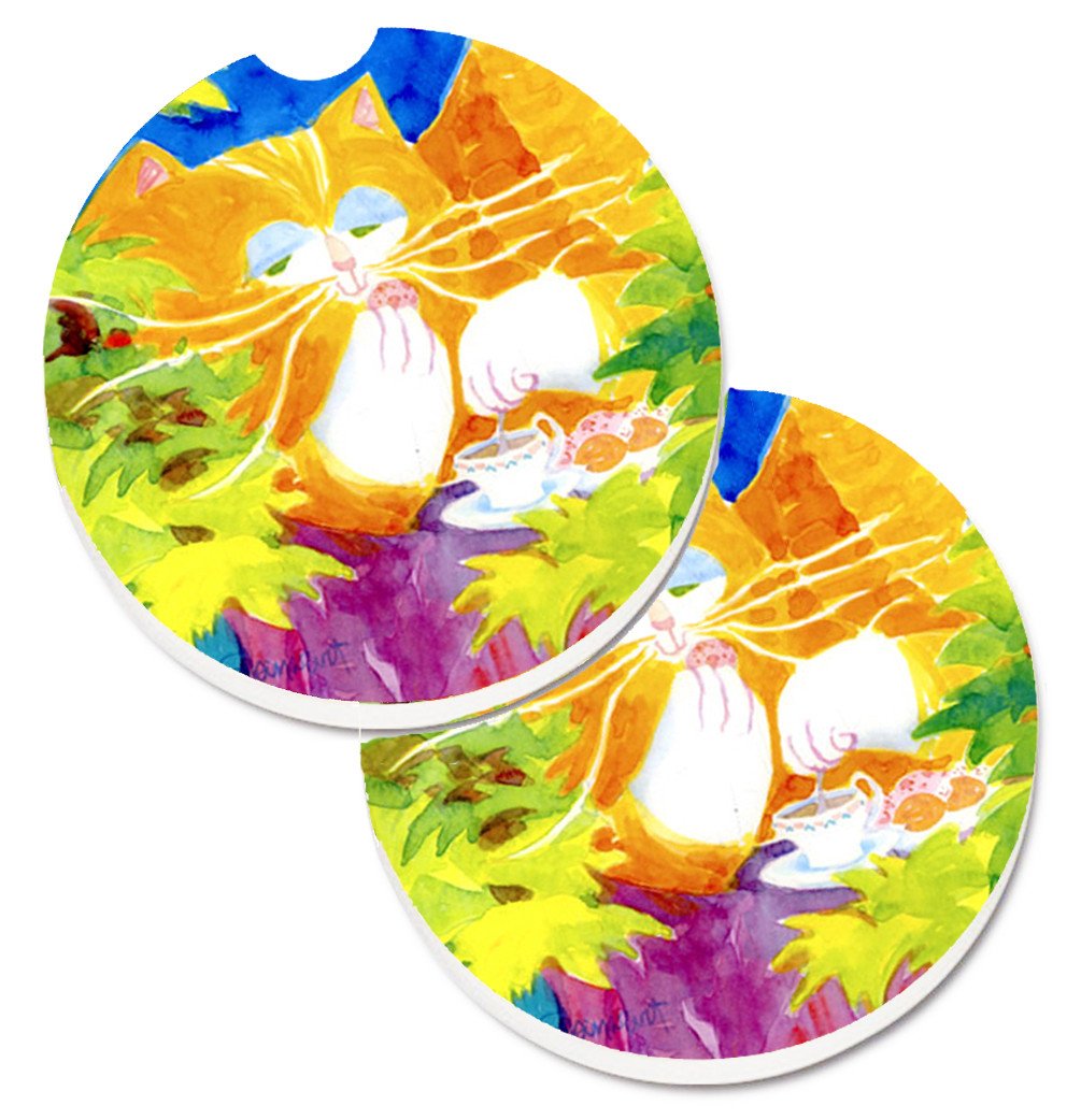 Cat Tea Time Set of 2 Cup Holder Car Coasters 6101CARC by Caroline's Treasures