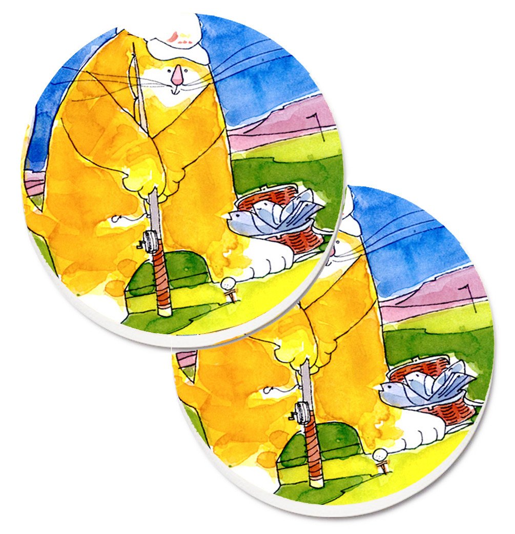 Big Cat golfing with a fishing pole  Set of 2 Cup Holder Car Coasters 6105CARC by Caroline&#39;s Treasures