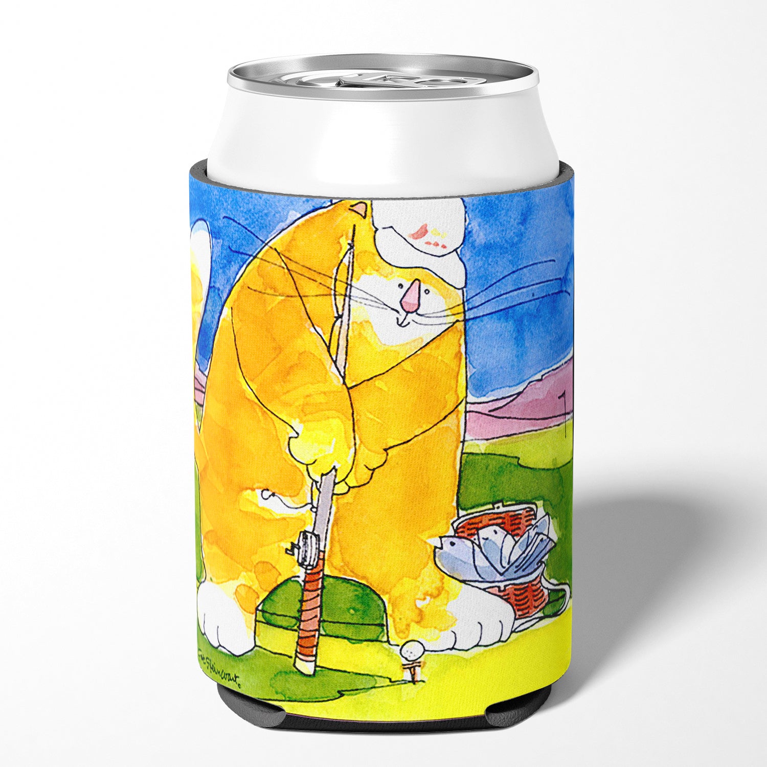 Big Cat golfing with a fishing pole Can or Bottle Beverage Insulator Hugger.