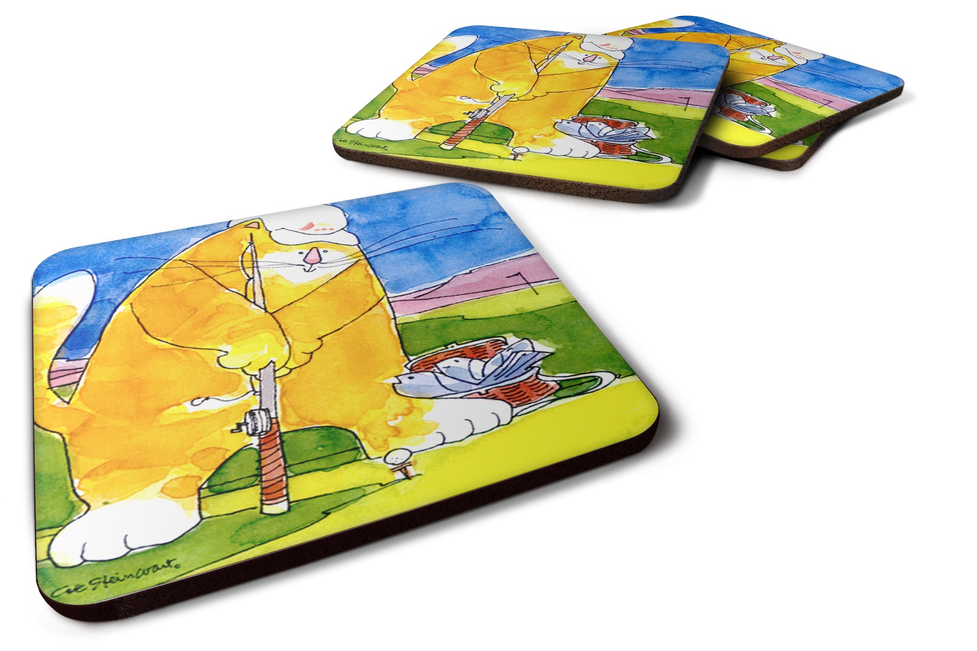 Set of 4 Big Cat golfing with a fishing pole  Foam Coasters - the-store.com