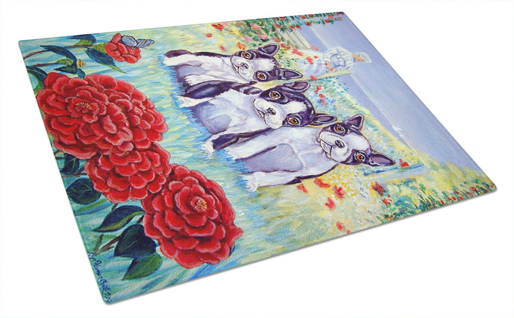 Boston Terrier Three in a Row Glass Cutting Board Large by Caroline's Treasures