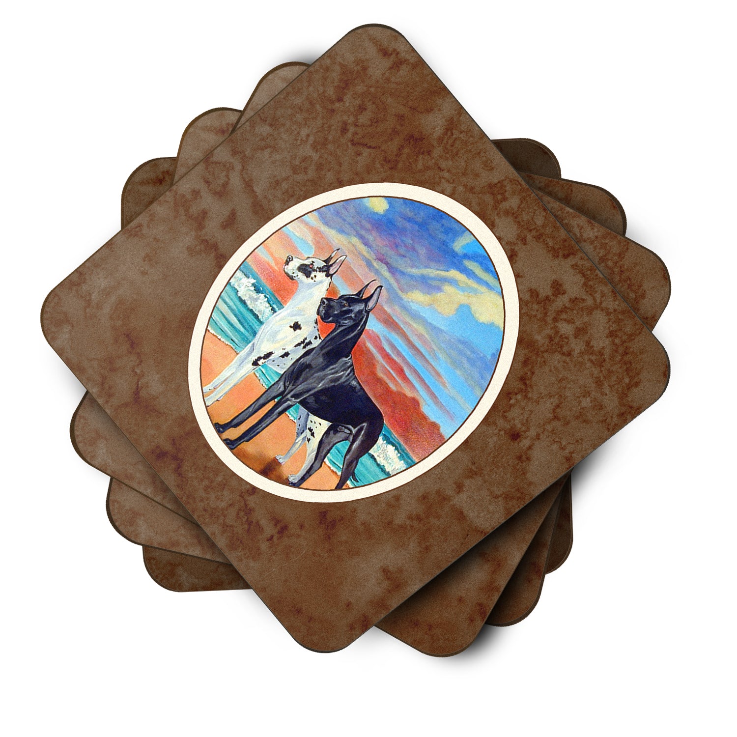 At sunset Great Dane Harlequin and Black Foam Coaster Set of 4 7051FC - the-store.com
