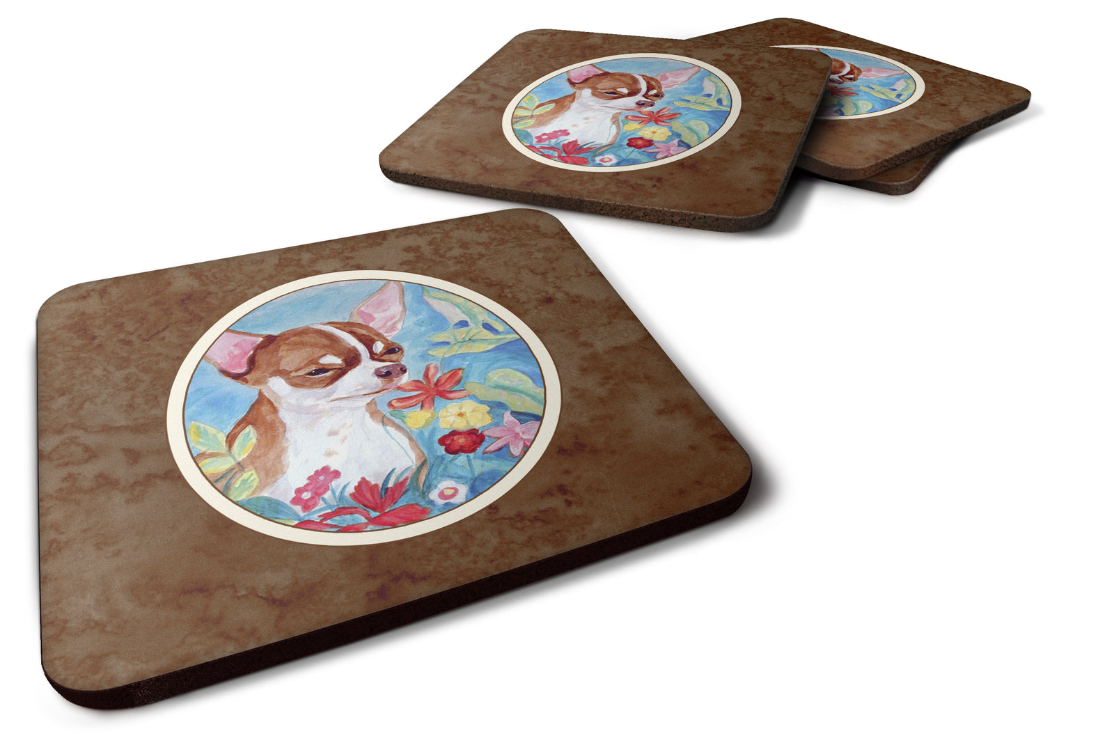 Chihuahua in flowers Foam Coaster Set of 4 7053FC - the-store.com