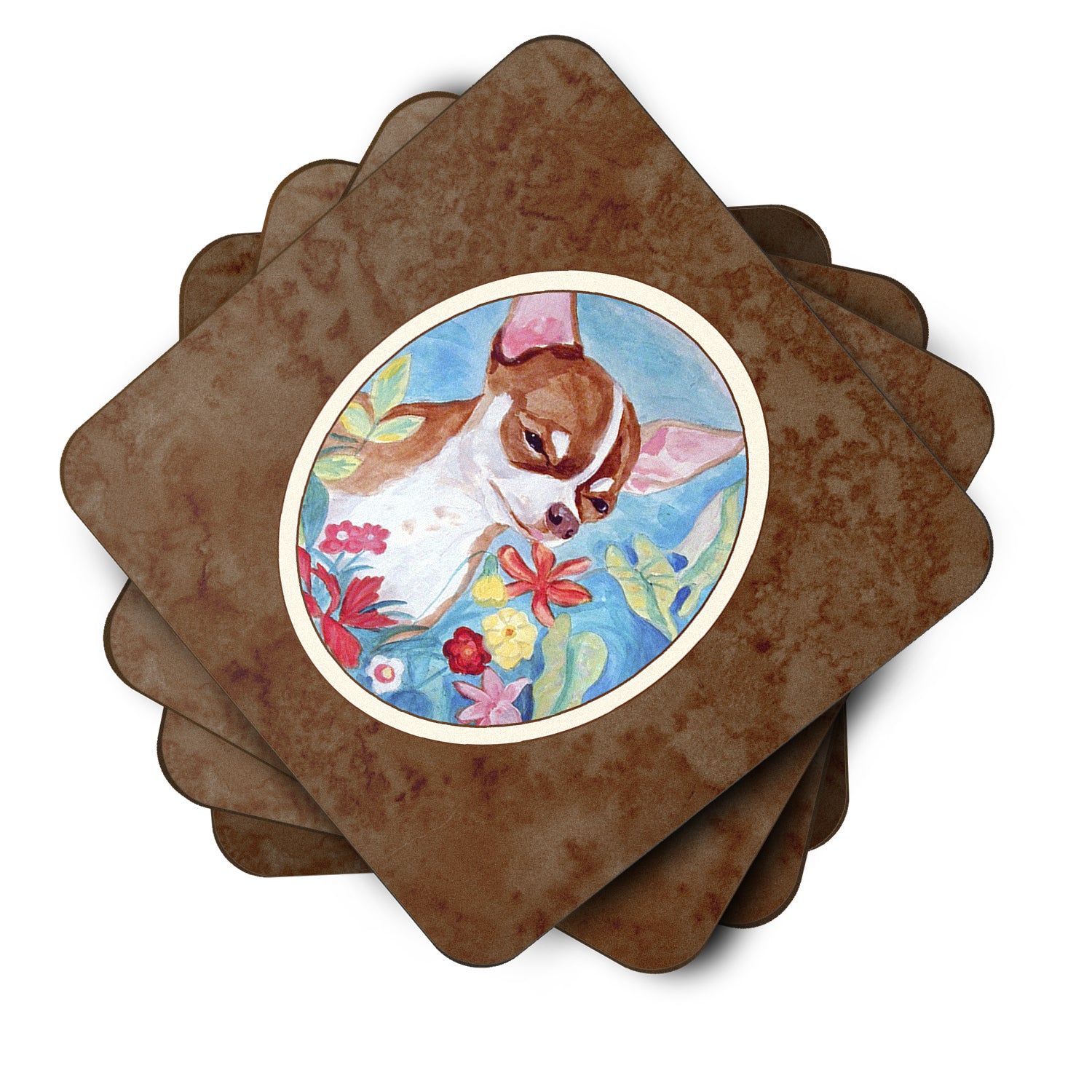 Chihuahua in flowers Foam Coaster Set of 4 7053FC - the-store.com