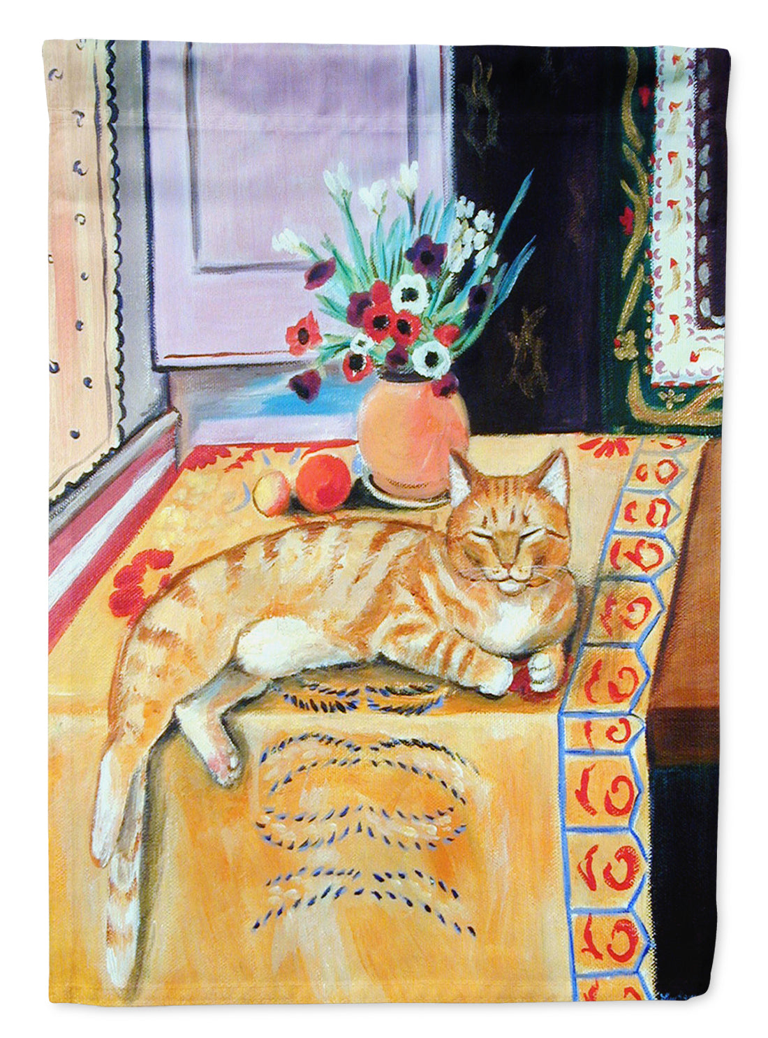 Orange Tabby Cat on the table Flag Garden Size.