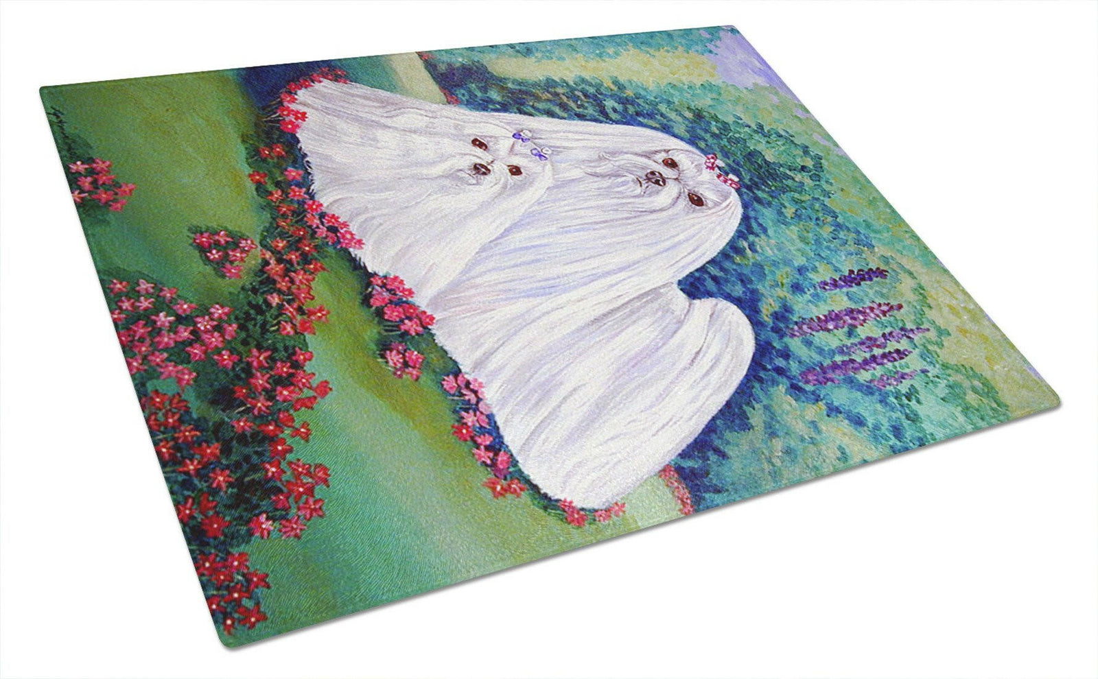 Maltese and puppy Garden Beauties Glass Cutting Board Large by Caroline's Treasures