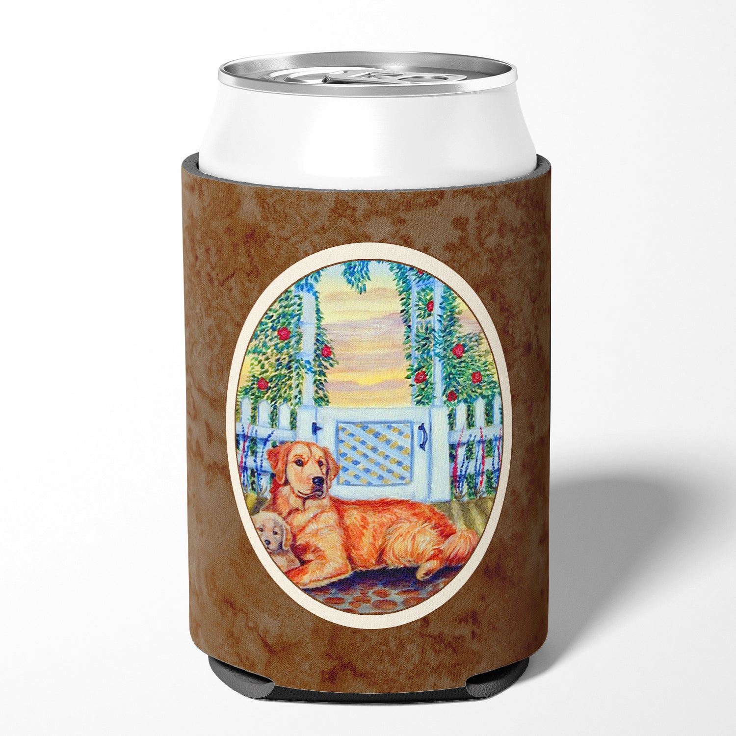 Golden Retriever and puppy at the fence Can or Bottle Hugger 7148CC.