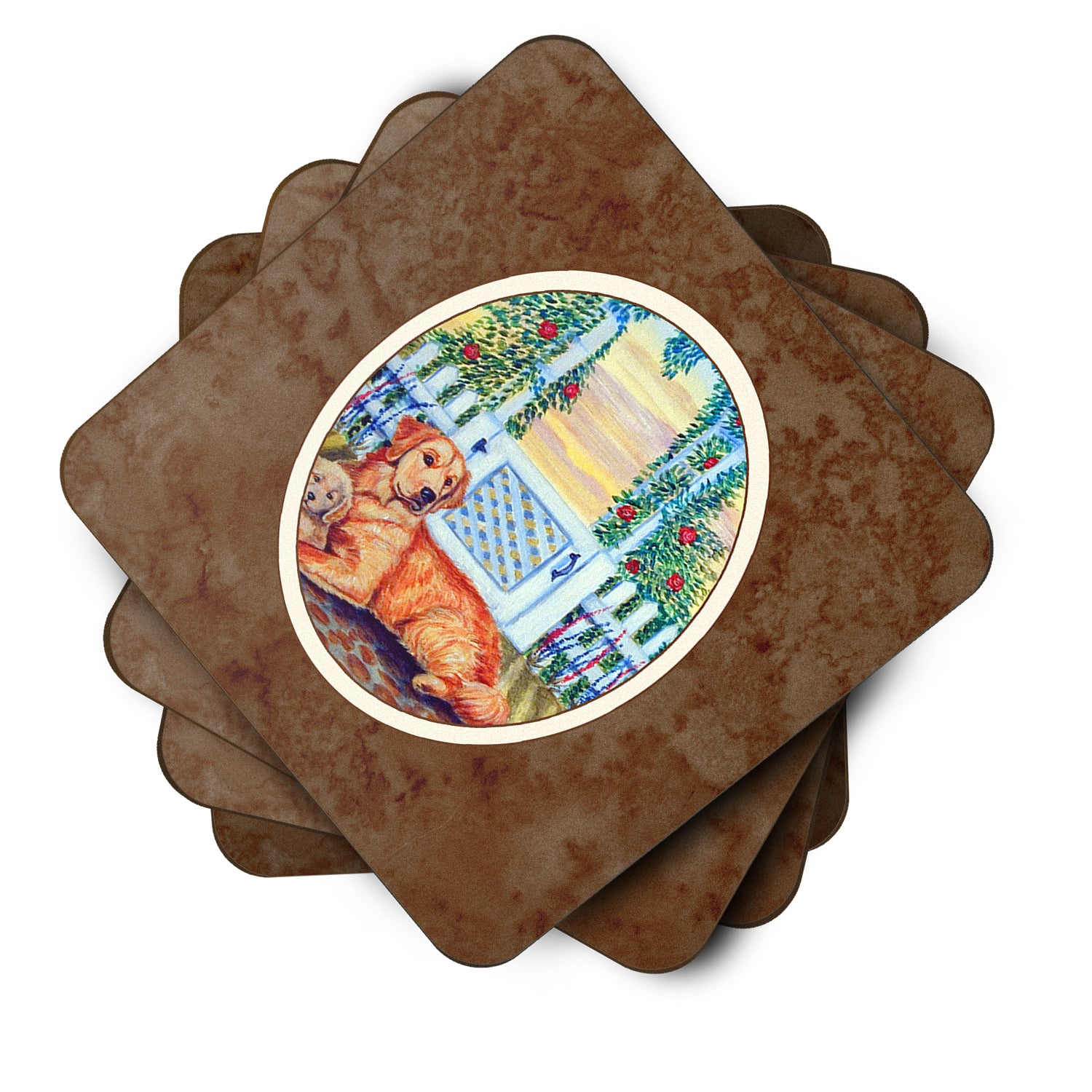 Golden Retriever and puppy at the fence Foam Coaster Set of 4 7148FC - the-store.com