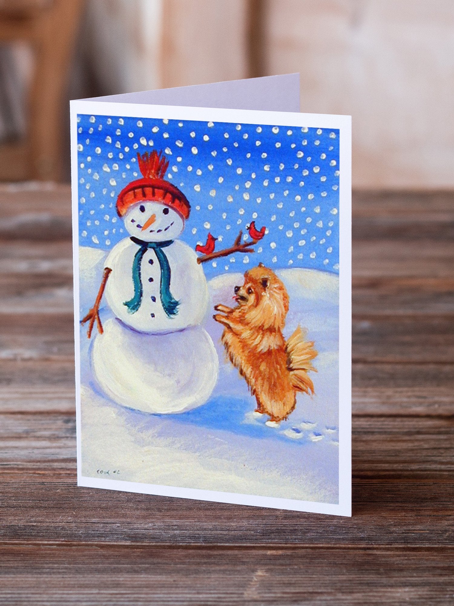 Snowman with Pomeranian Winter Snowman  Greeting Cards and Envelopes Pack of 8 - the-store.com