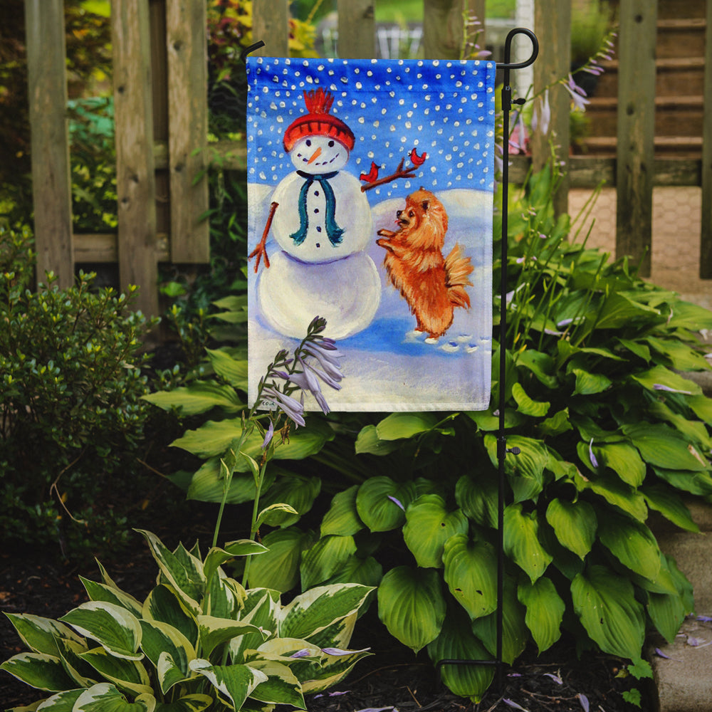 Snowman with Pomeranian Winter Snowman Flag Garden Size.