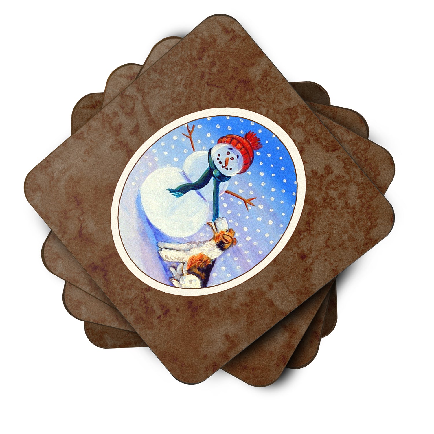 Snowman with  Fox Terrier Foam Coaster Set of 4 7156FC - the-store.com