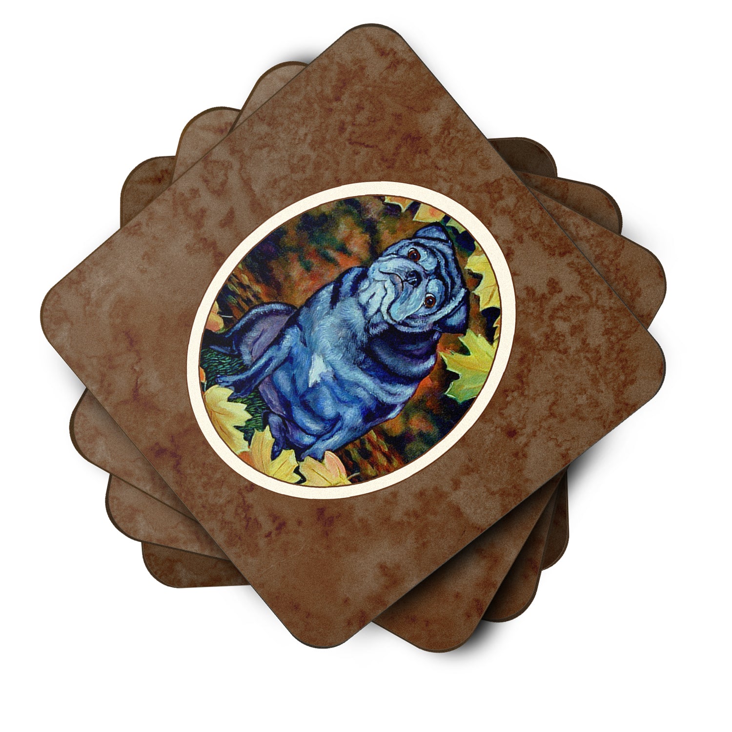 Old Black Pug in Fall Leaves Foam Coaster Set of 4 7159FC - the-store.com