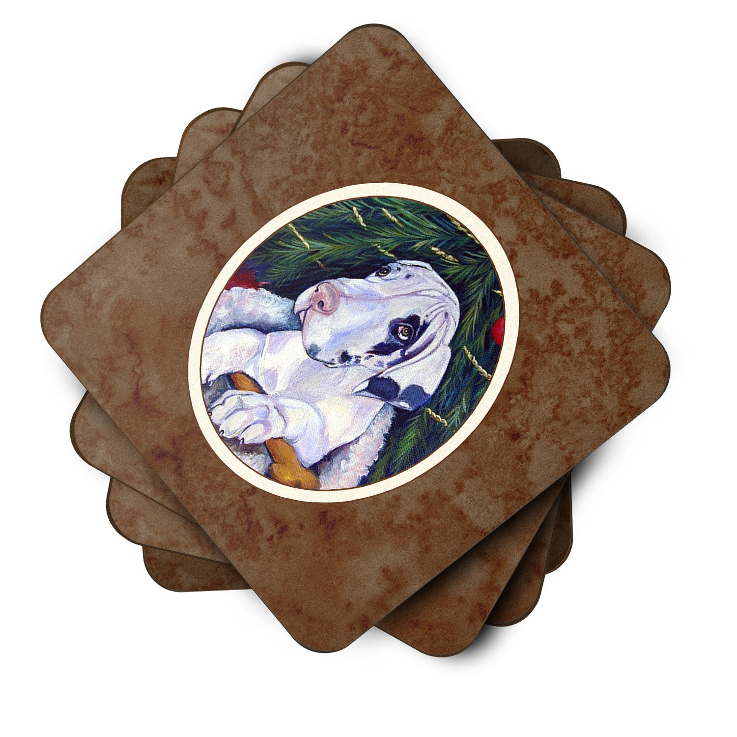 Christmas Tree with Harlequin Great Dane Foam Coaster Set of 4 7172FC - the-store.com