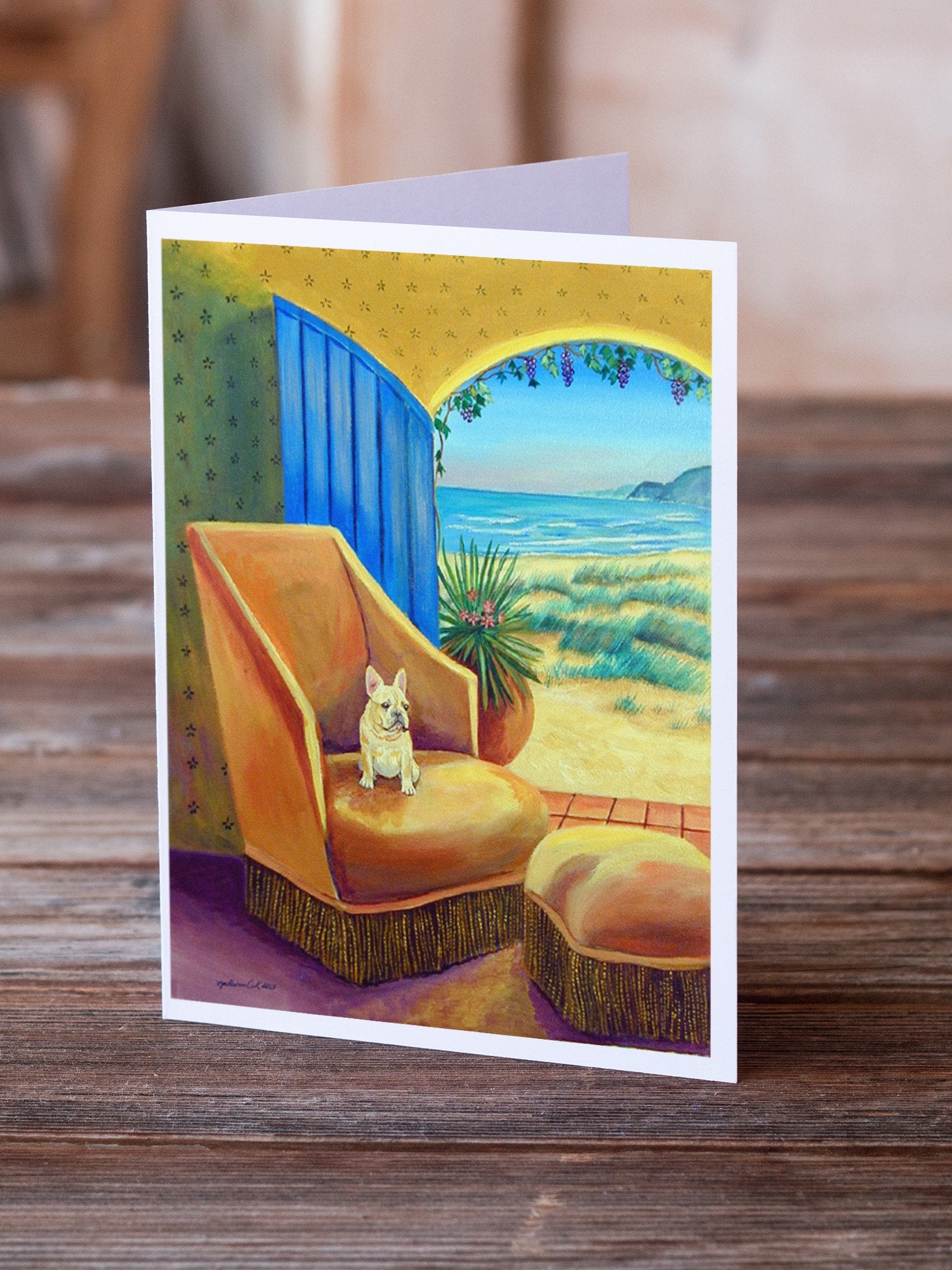 Buy this French Bulldog at the beach cottage Greeting Cards and Envelopes Pack of 8