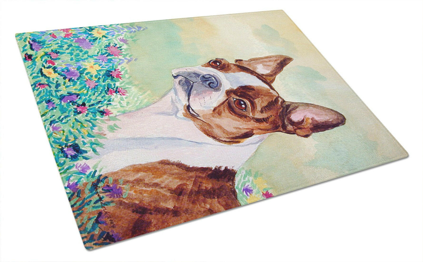 Red and White Boston Terrier Glass Cutting Board Large by Caroline's Treasures